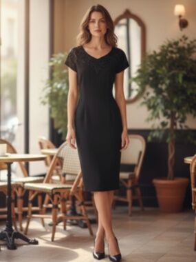MariAnna Black Beaded V-Neck Fully Lined Short Sleeve Dress Size 8